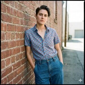 Wildfang Essential Short Sleeve Button Up Shirt Size Small Blue Red Lips Print